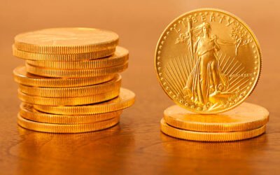 American Gold Dollar Coins Stacked, with selective focus on office desk